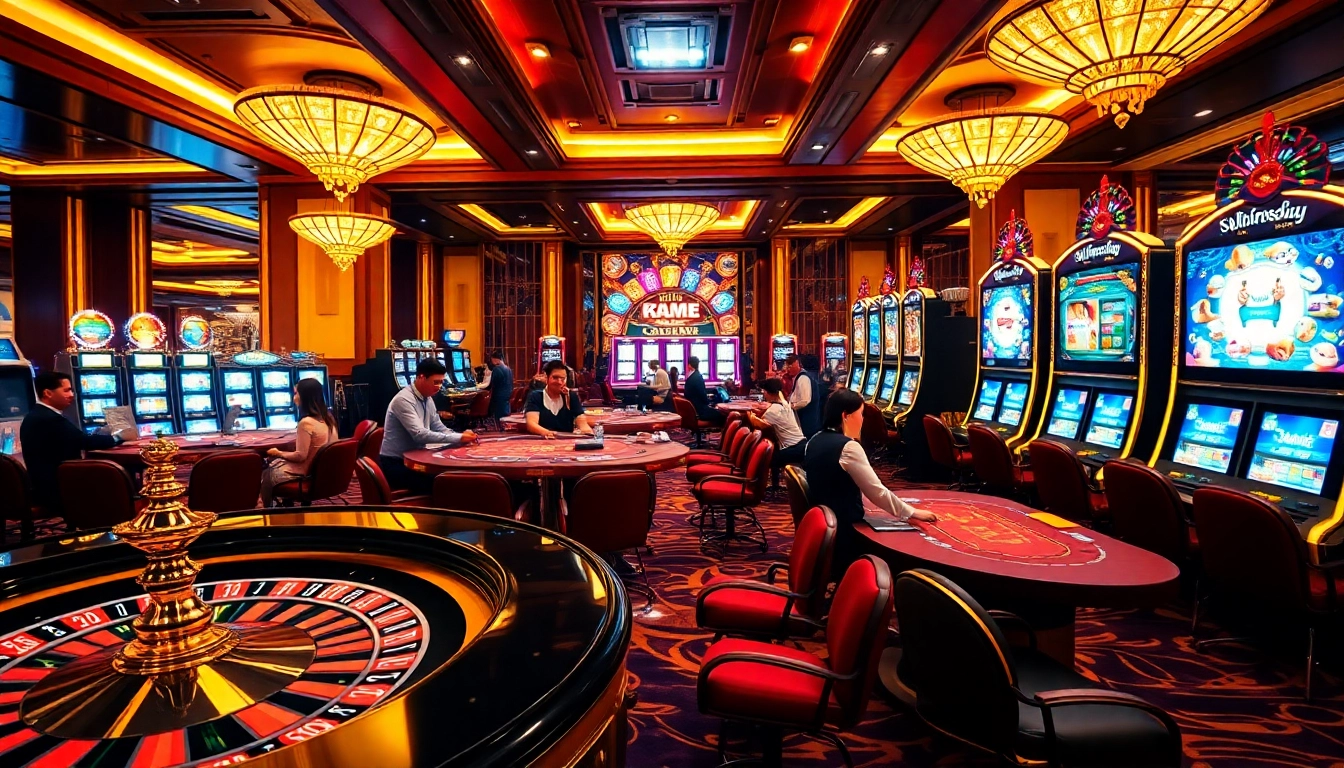 Engage with exciting games at https://king88sa.com/, showcasing vibrant casino visuals filled with roulette wheels and poker chips.