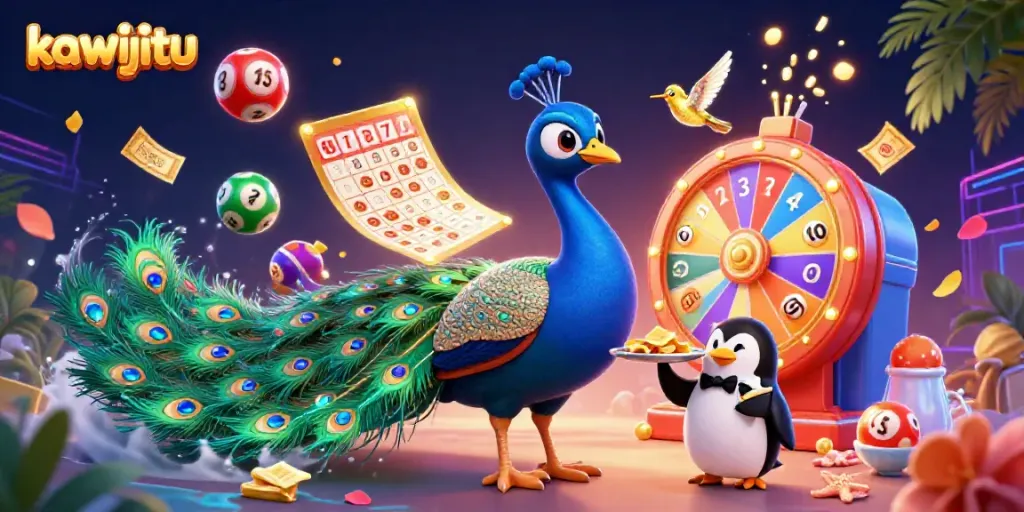 Experience the excitement of kawijitu with vibrant graphics of casino-themed characters and dynamic lottery elements.