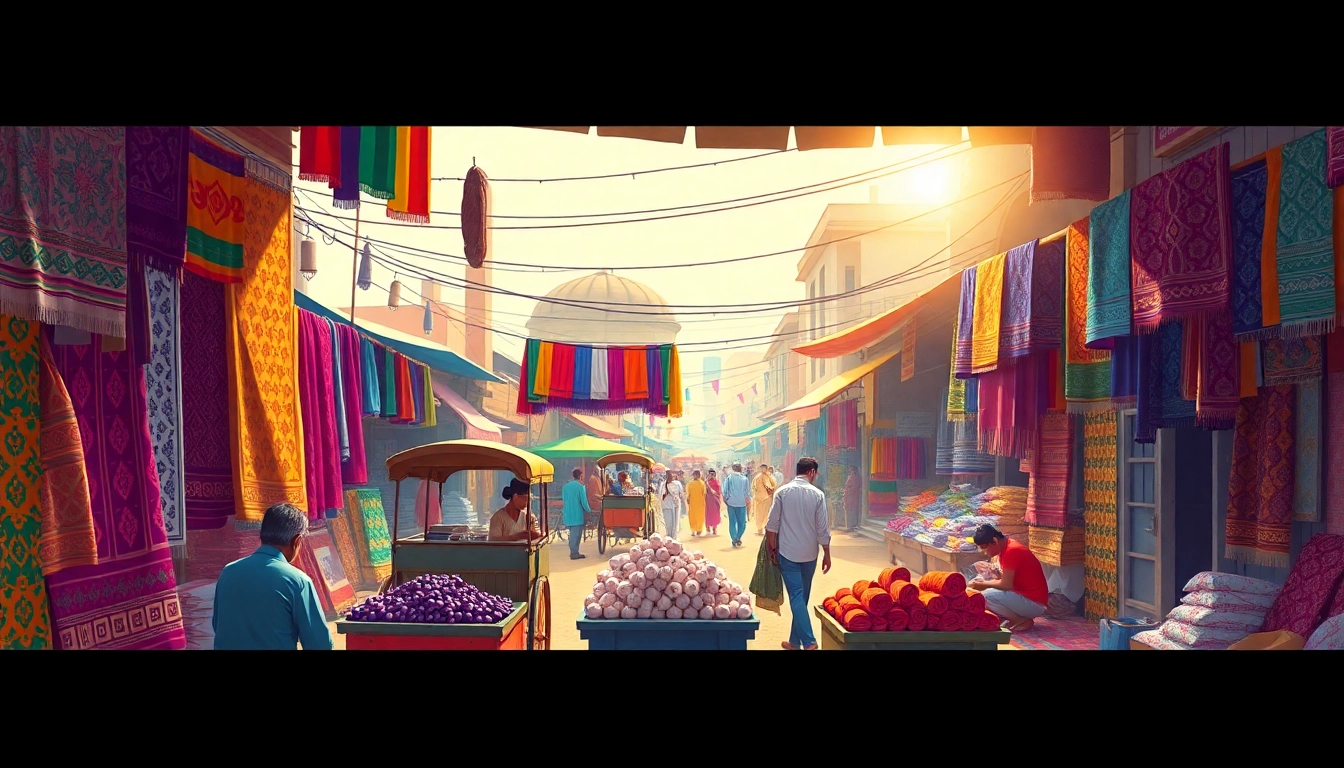 Experience the surat economy through a vibrant market scene showcasing textiles and diamonds.