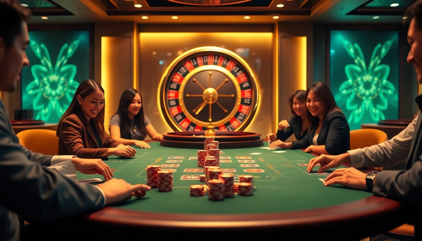 Exciting RR88 casino scene with vibrant poker chips, cards, and roulette wheel in a luxurious setting.
