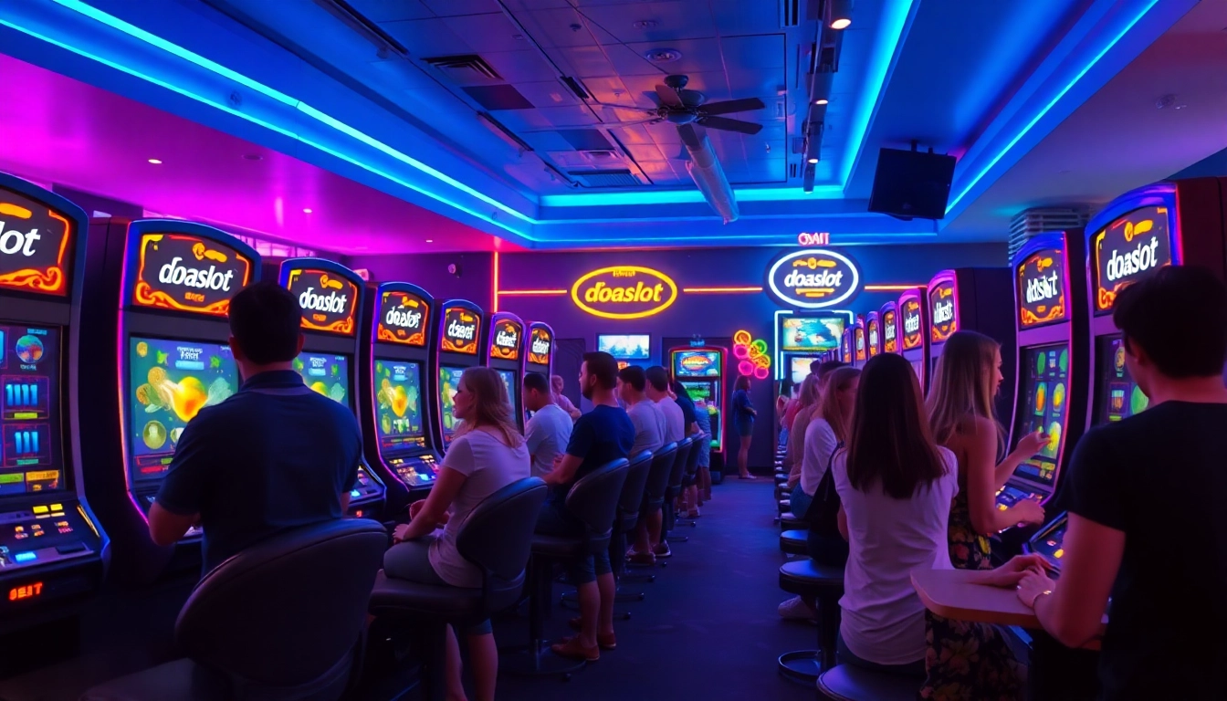 Exciting gaming lounge featuring doaslot branded slot machines with diverse players, vibrant atmosphere.