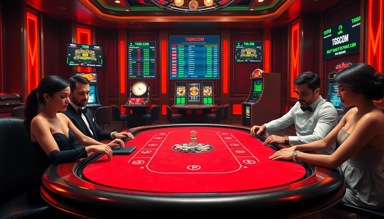 Experience an exhilarating poker game scene inspired by TG88.COM at a luxurious casino table.