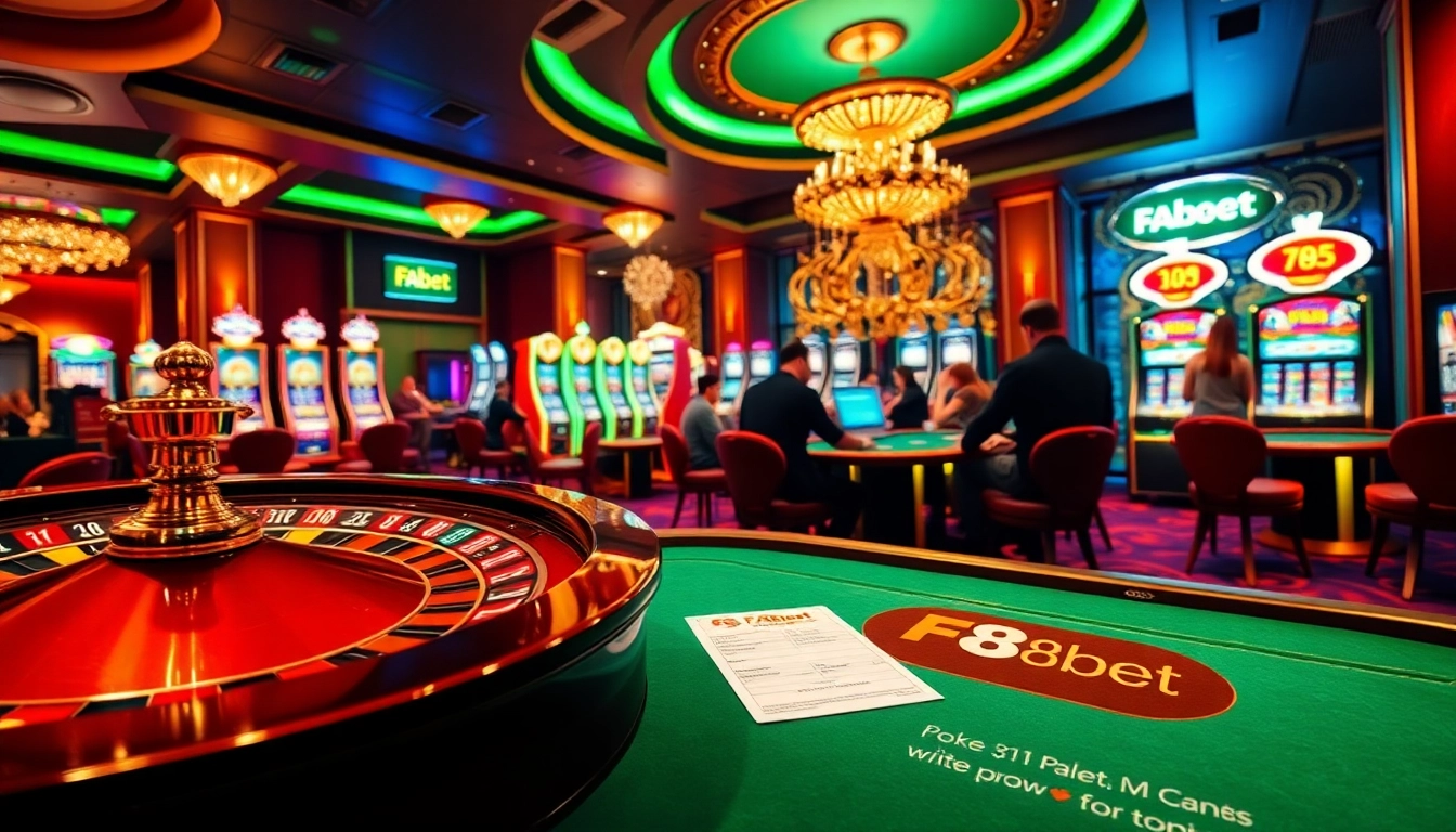 F8bet players enjoying a thrilling casino atmosphere with roulette, poker, and slot machines