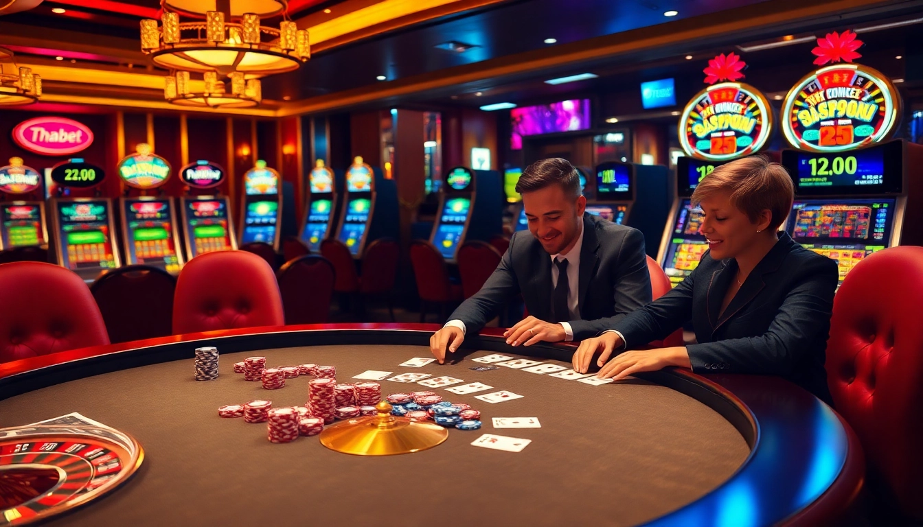 Experience the thrill of winning at thabet.com with a luxury casino setup featuring poker and roulette.