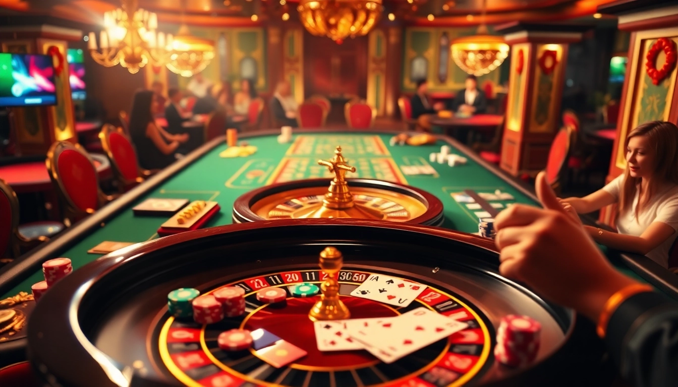 Engage with the Hi88 Link at an elegant casino table featuring roulette, poker chips, and vibrant players.
