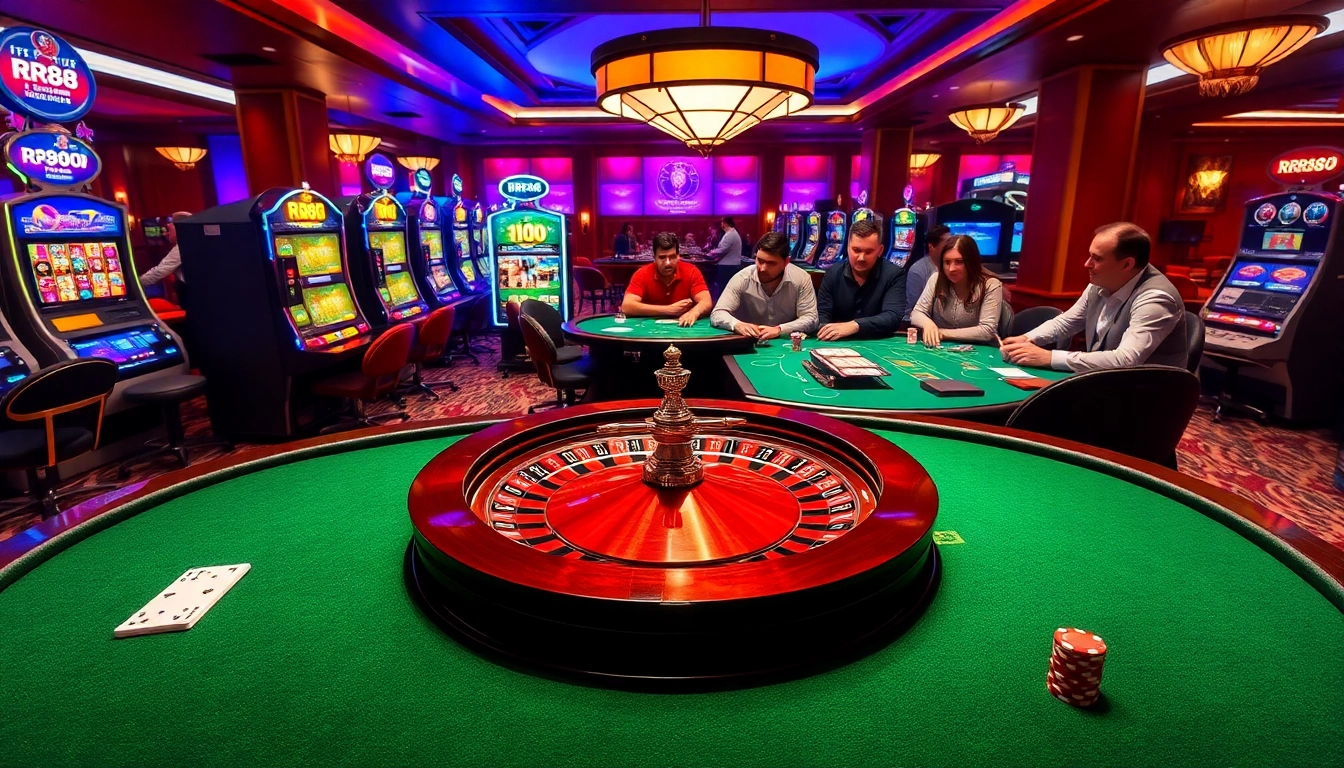 Experience excitement at RR88 with a luxurious casino scene featuring roulette and lively players.