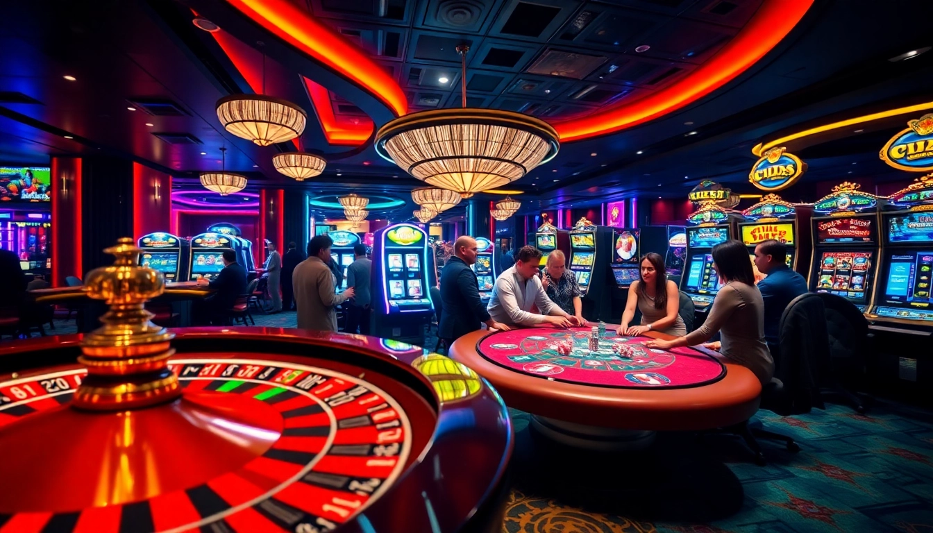 Experience thrilling gambling action at https://f168.news/ with poker tables and roulette wheels in a vibrant casino.