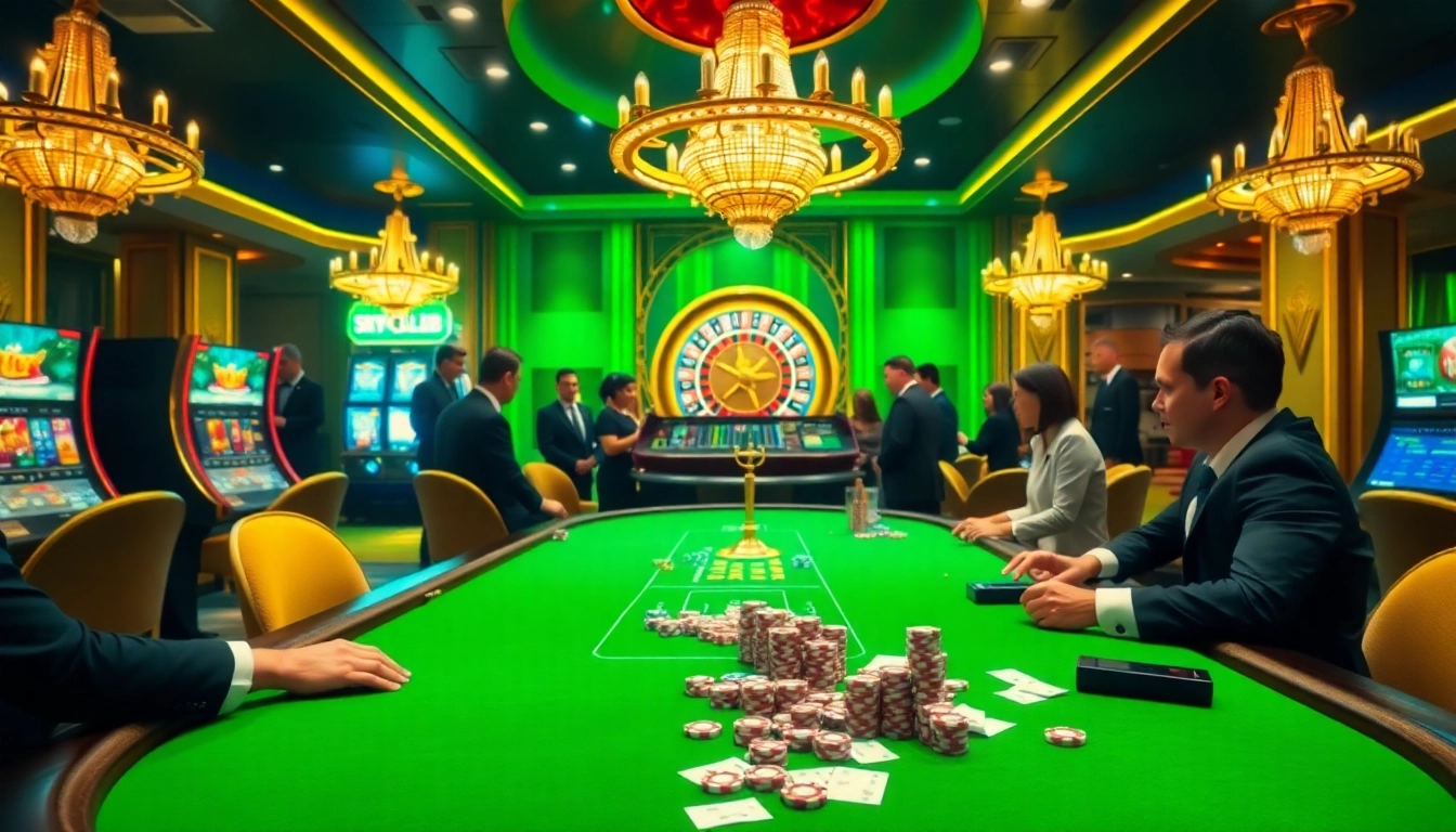 Engaging in high-stakes poker at the Sky Club casino with vibrant gaming tables.