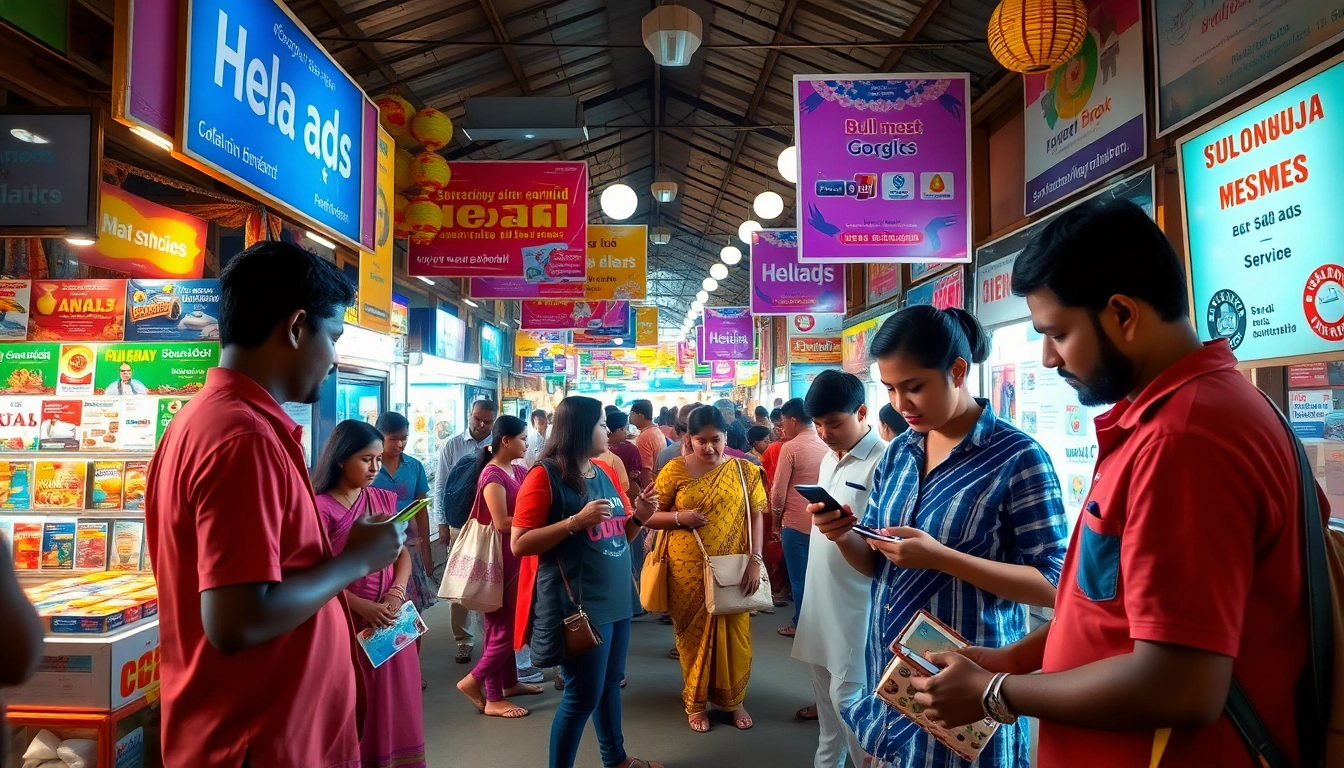 Vibrant community scene showcasing Hela Ads in Sri Lanka with people interacting.