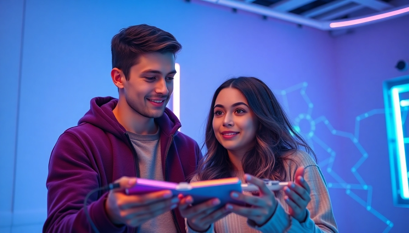 Interactive couple exploring innovative porn AI technology in a modern studio.