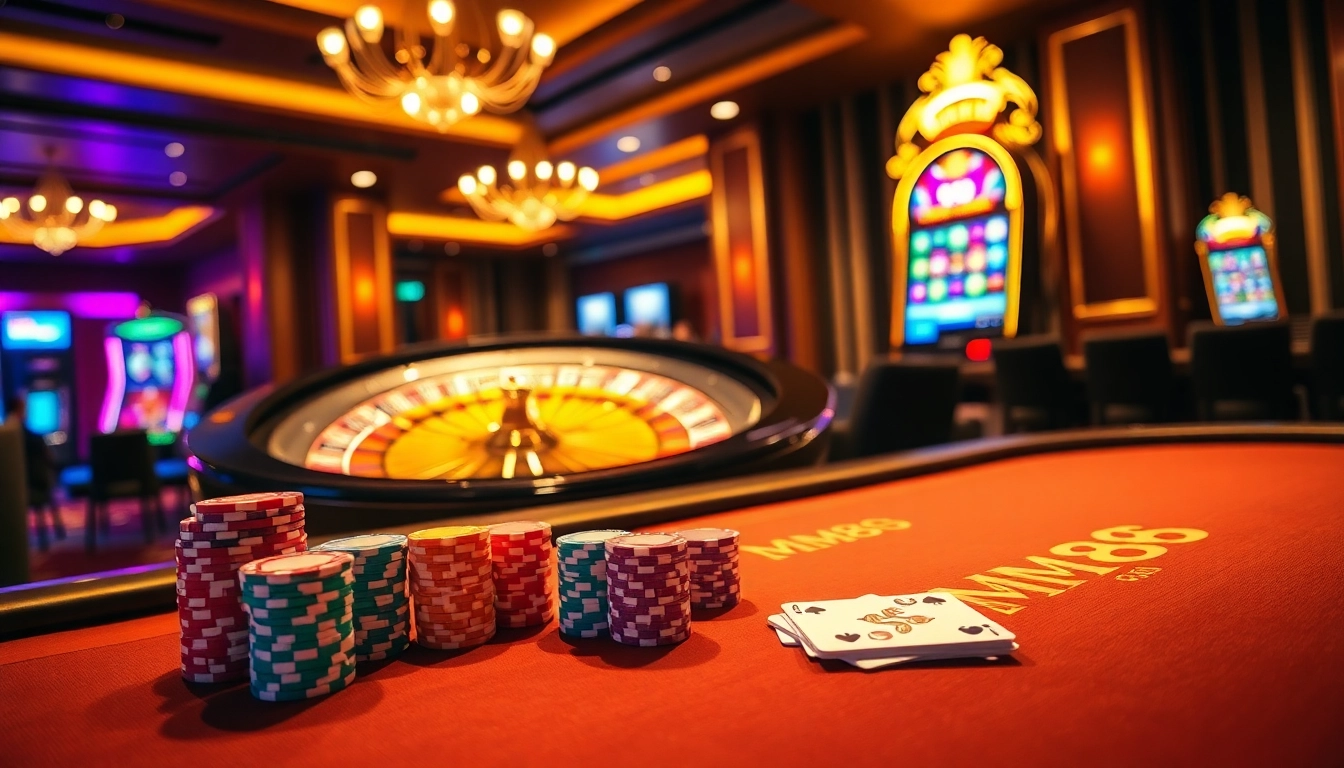 Exciting poker game scene at MM88 casino featuring vibrant chips and cards.