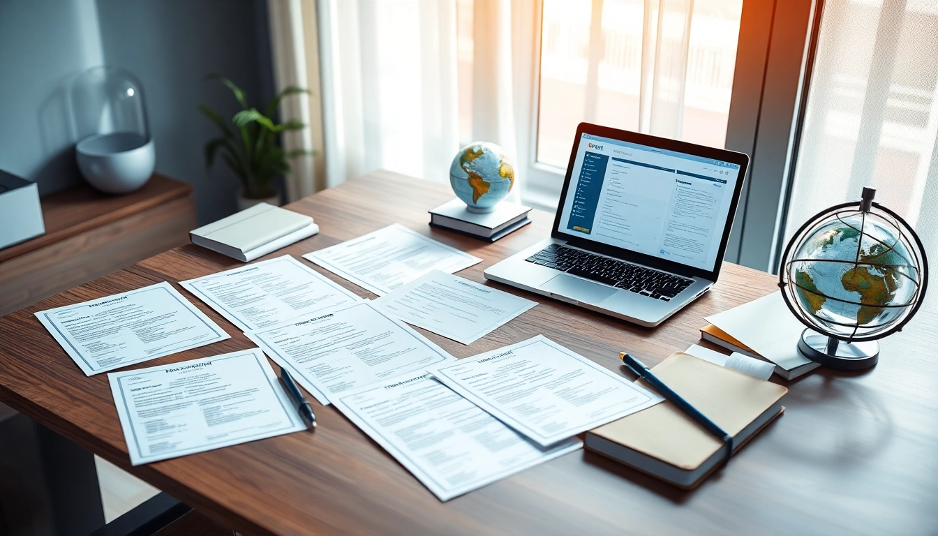 Certified translation documents on a translator's desk, highlighting professionalism and accuracy.