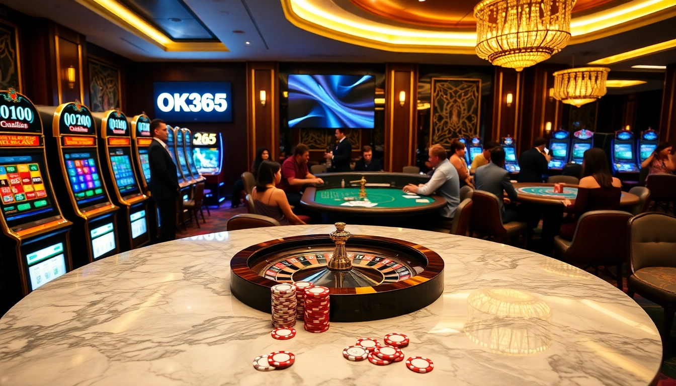 Players enjoying games at OK365 Casino, surrounded by vibrant gaming tables and slot machines.
