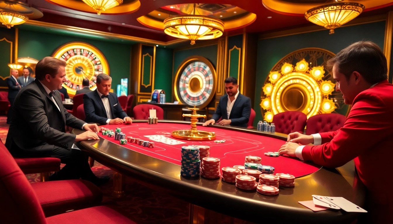 Engaged players enjoying high-stakes poker at https://99win1.us.com/ casino table with colorful chips.