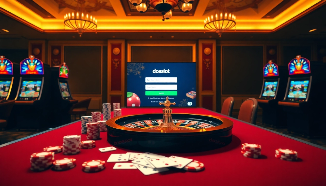 Engage in online gaming with doaslot login amidst a vibrant casino backdrop of slots and poker chips.