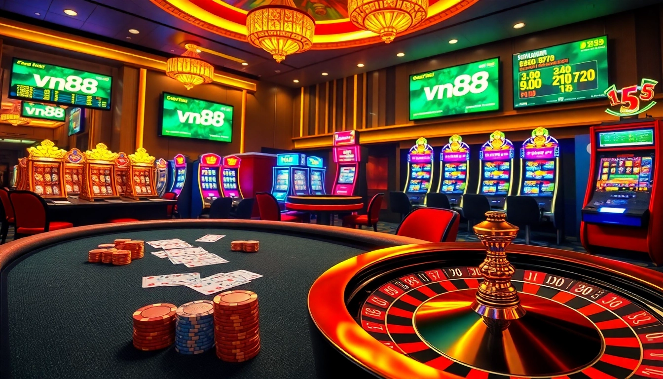 Engage with vn88's thrilling online gambling scene featuring poker, roulette, and vibrant slot machines.