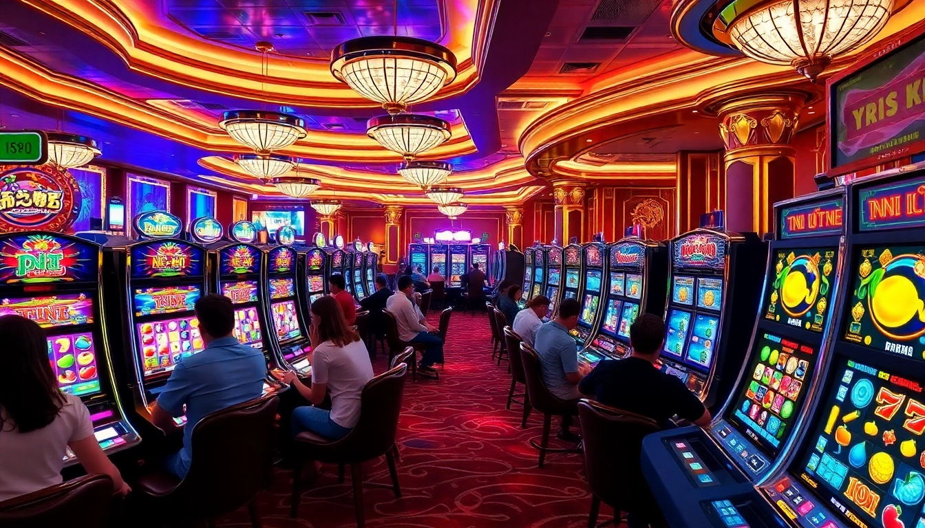 Experience the excitement of nổ hũ slots with vibrant machines, colorful jackpots, and enthusiastic players in a luxury casino.