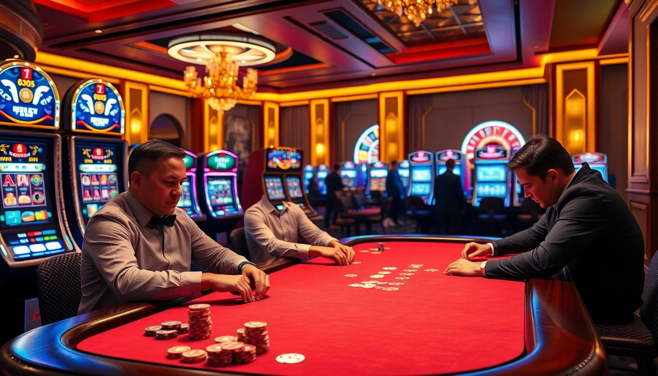 Experience intense gaming at OK365's vibrant poker table surrounded by exciting casino elements.