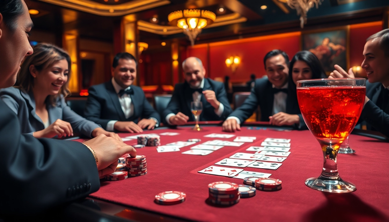 Players enjoying high-stakes poker at Nhà cái 32Win casino, showcasing excitement and luxury.