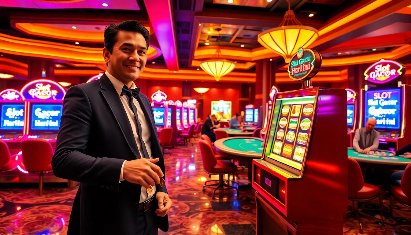 Gambler winning at a vibrant slot machine, symbolizing Slot Gacor Hari ini excitement in a luxurious casino.