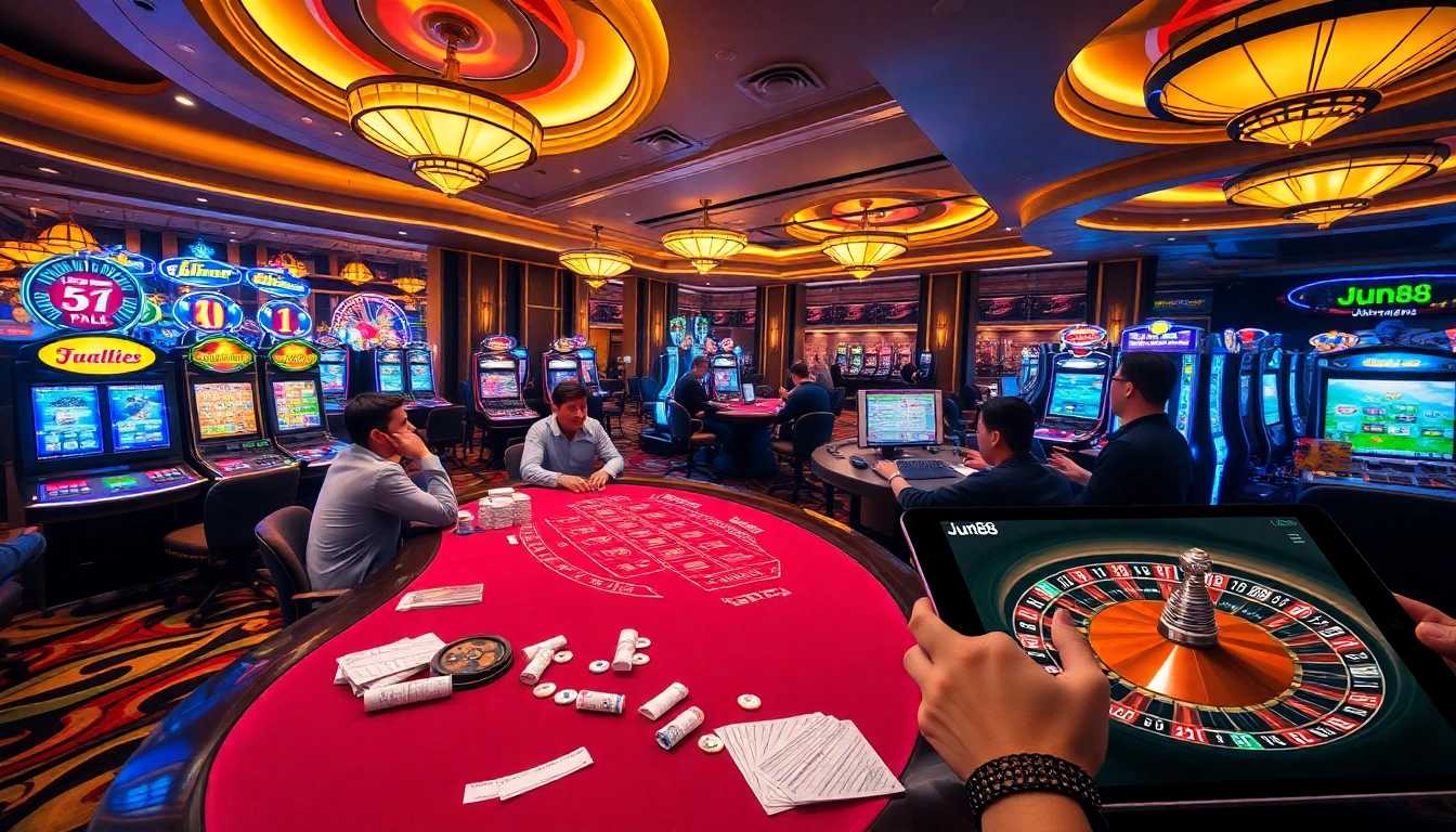 Players enjoying a thrilling game at Jun88 casino, surrounded by vibrant slot machines and poker tables.