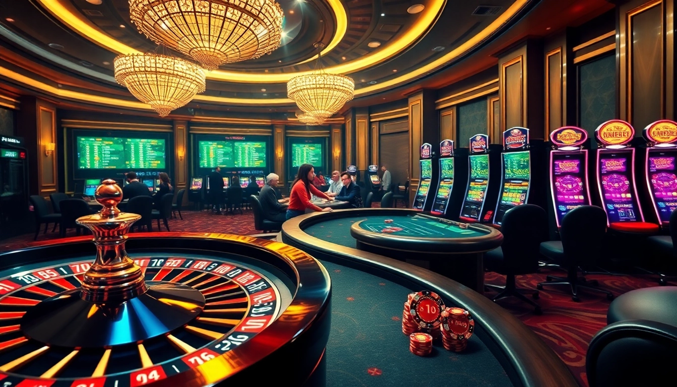 Players enjoying a luxurious casino experience at WINBET88 with roulette and blackjack tables.