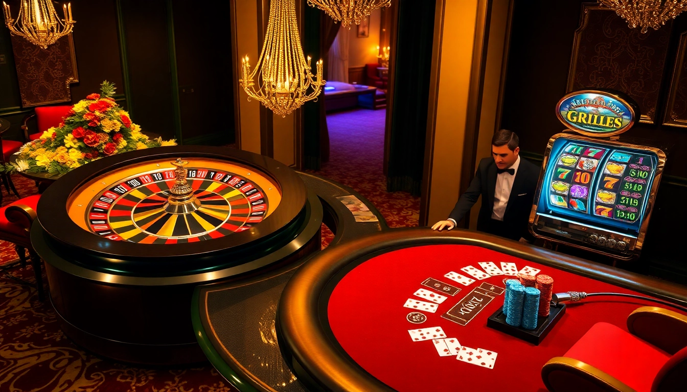 An exciting casino scene showcasing roulette, poker, and slots, highlighting https://rr88c.mobi/ for a luxurious gambling experience.