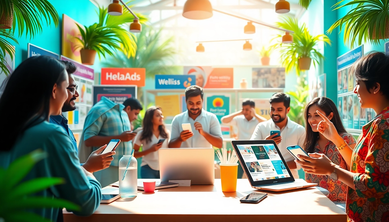 Dynamic marketplace scene highlighting Hela Ads in Sri Lanka, showcasing personal and wellness services.