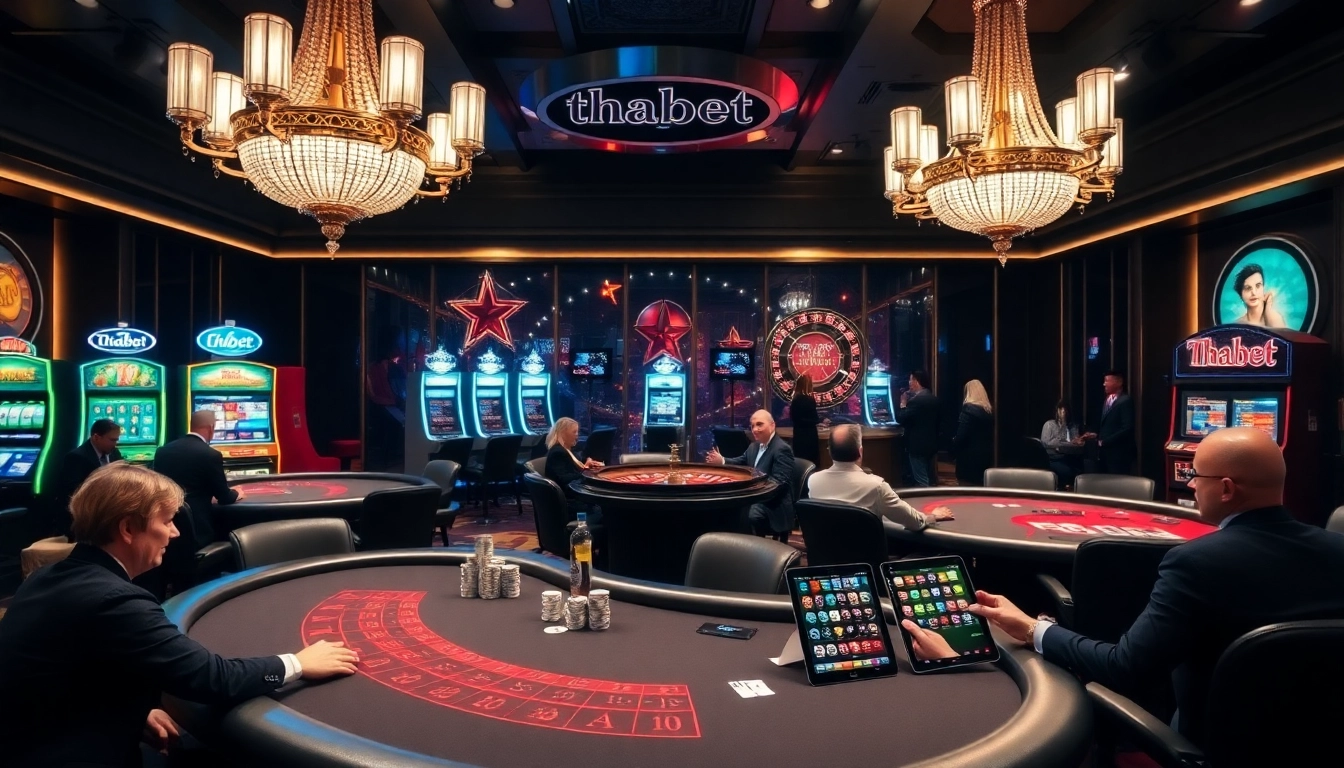 Experience thrilling gaming at Thabet with vibrant casino tables and online betting interfaces.