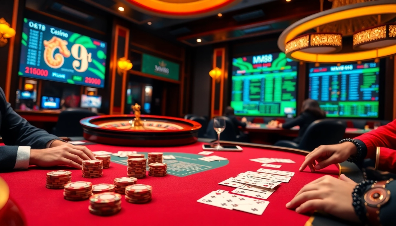 MM88 players betting at a luxurious casino table, showcasing high-stakes poker and elegant décor.