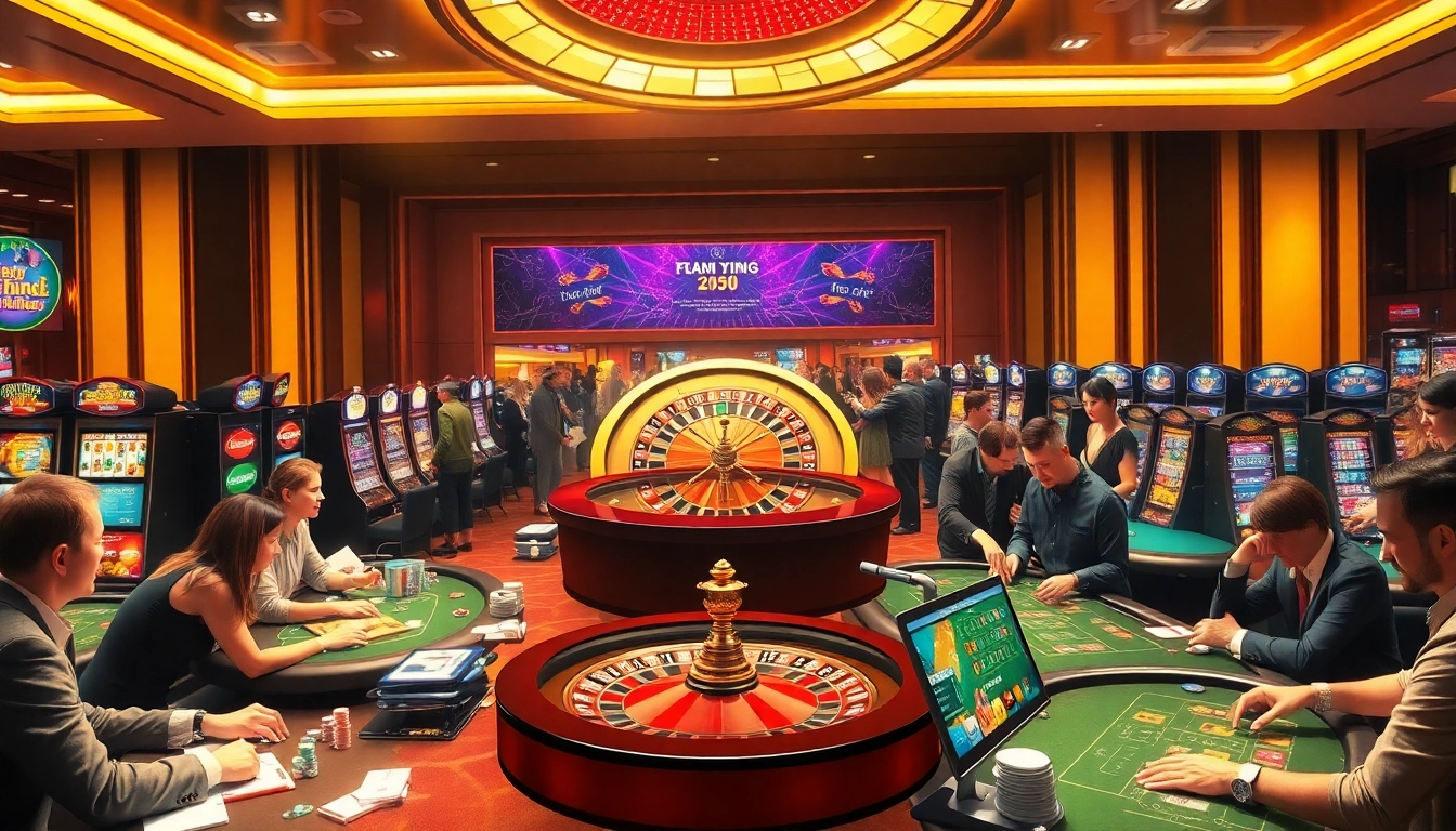 Experience the thrill of gambling at https://jun88buzz.info/ with players at a luxurious casino bustling around poker tables and slot machines.