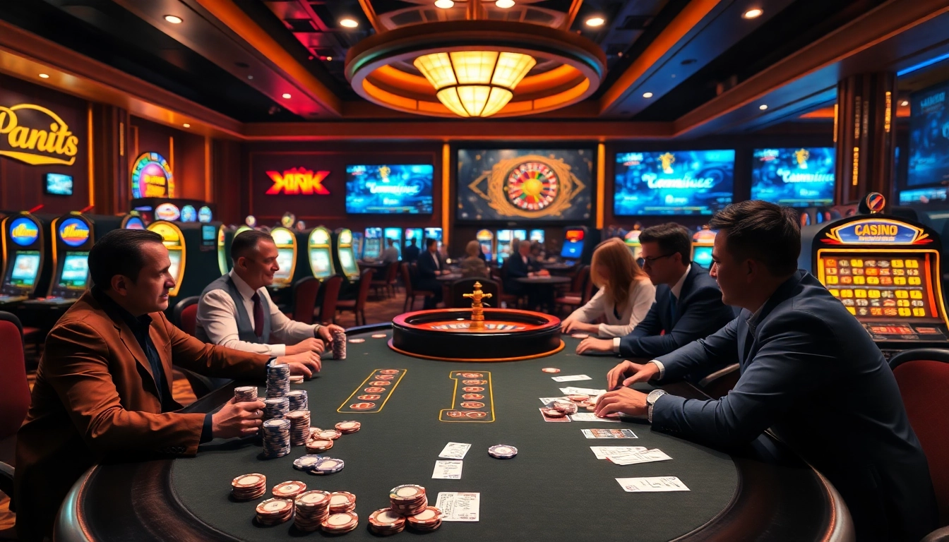 Experience thrilling gameplay at https://king88b.us.com/: a luxurious casino atmosphere with poker tables and vibrant slot machines.