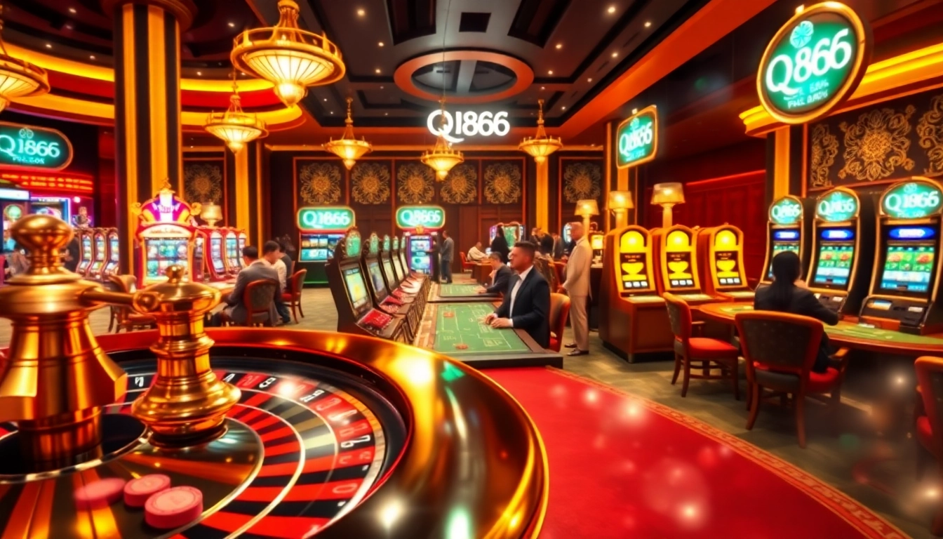 Players enjoying luxurious casino games and digital experiences with QQ888 branding visible.