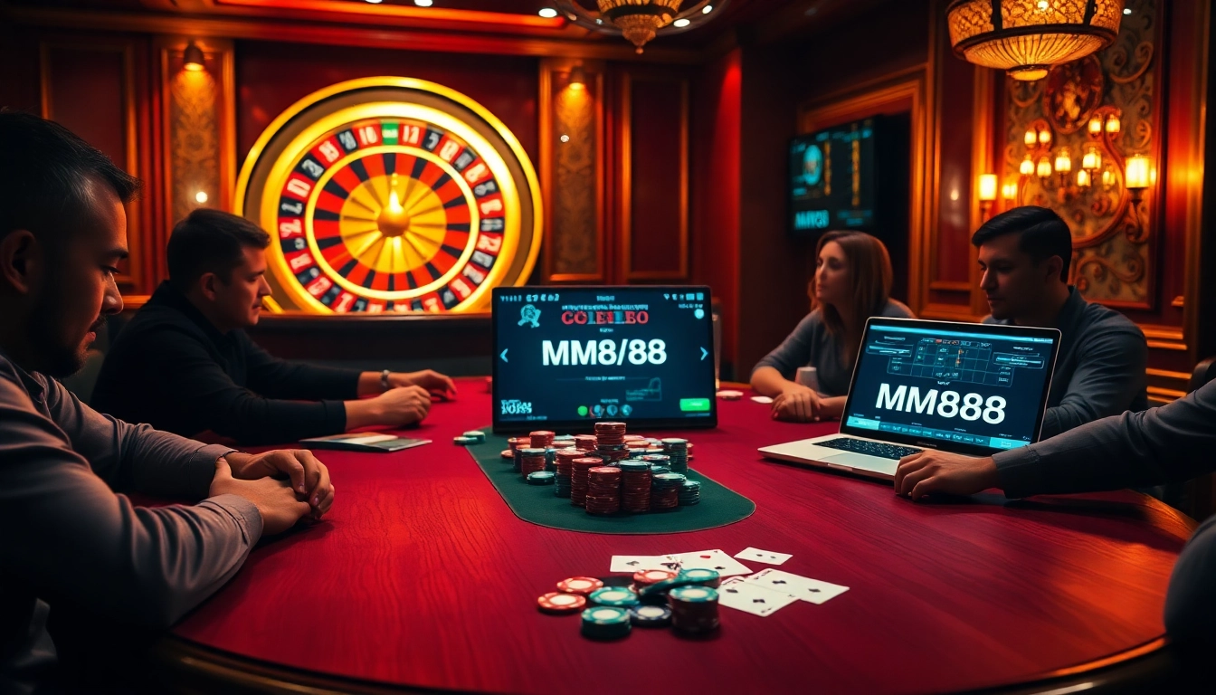 Engaging poker game at MM88 online casino with chips and cards, showcasing excitement.
