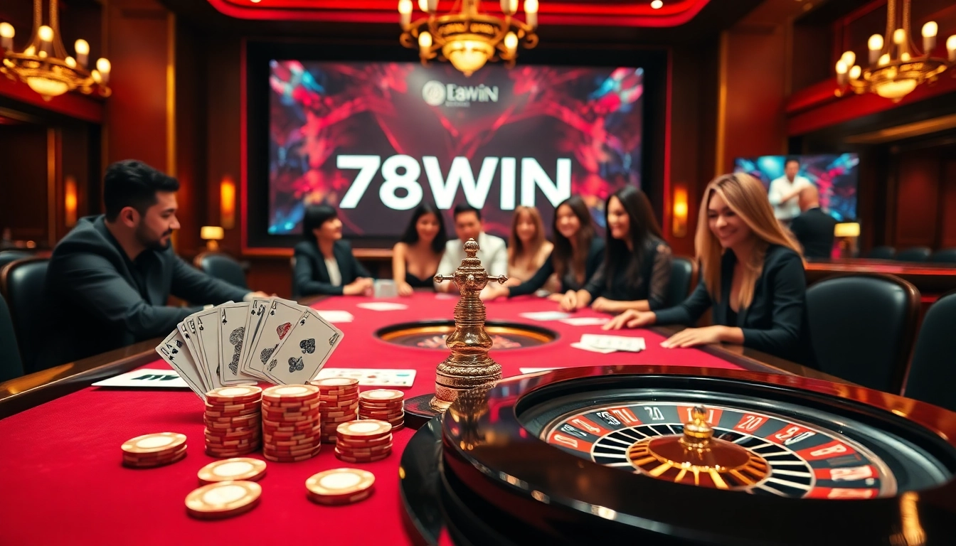Experience the excitement of 78WIN with players enjoying a glamorous casino atmosphere at a roulette table.