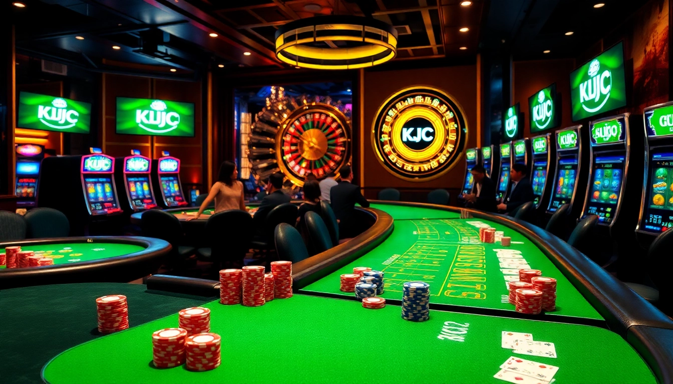 KJC casino patrons engaging at a vibrant poker table with colorful chips and cards.