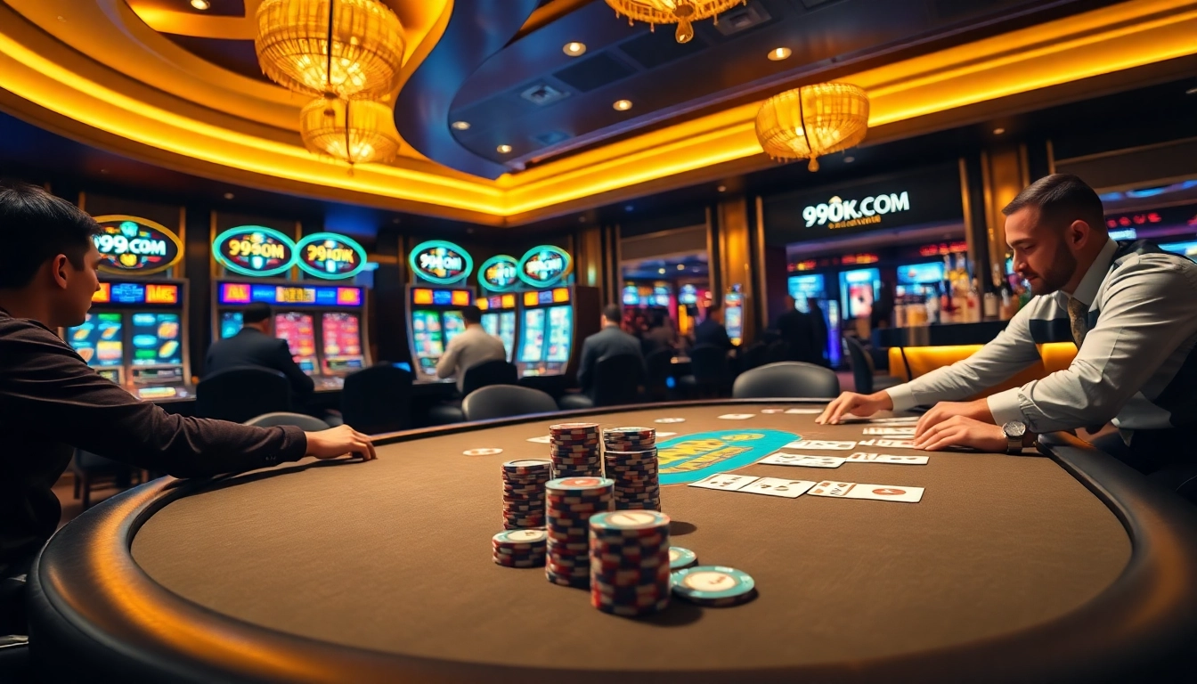 Gamblers excitingly play at the poker table under the dazzling 99OK.COM casino lights.