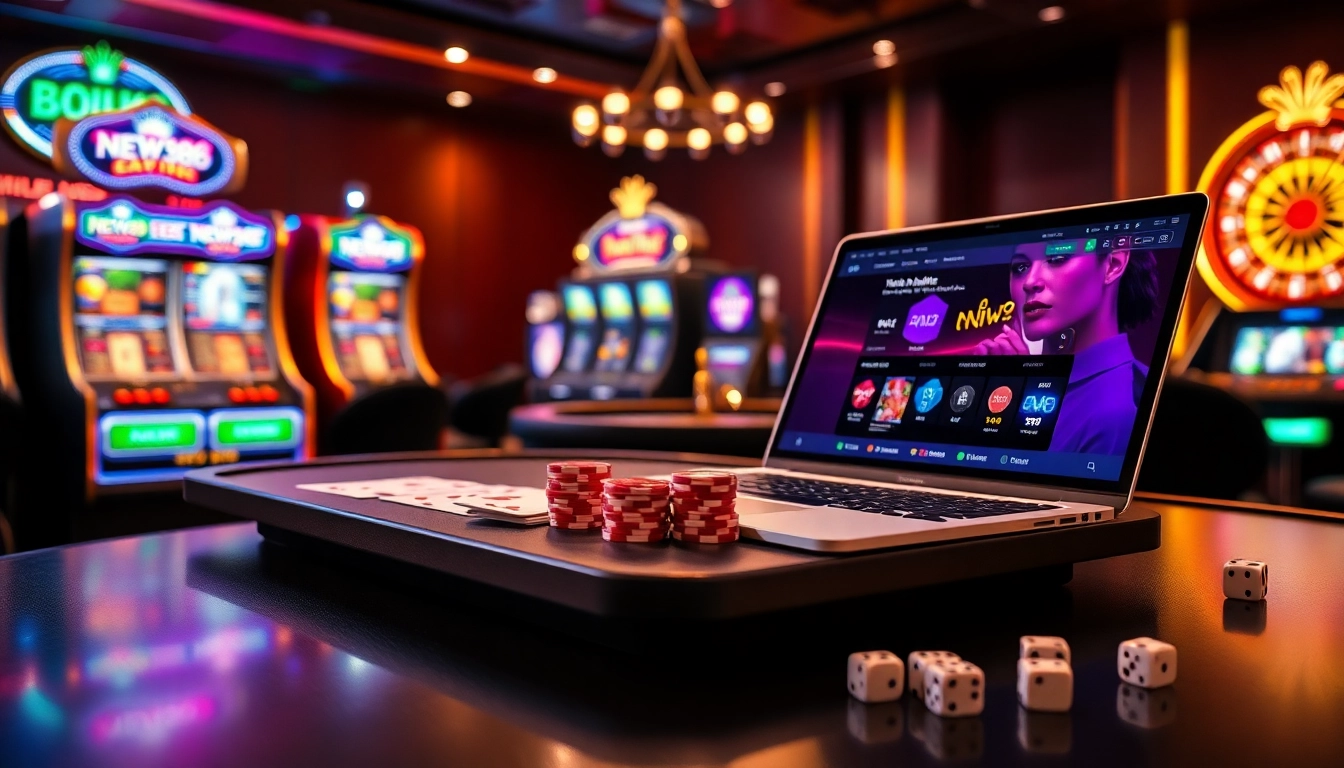 Experience excitement at new88 with a dynamic casino scene featuring poker chips, cards, and roulette.