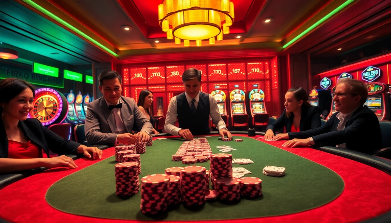 Excited gamblers engaging at a luxurious poker table in Hello88 casino setting.