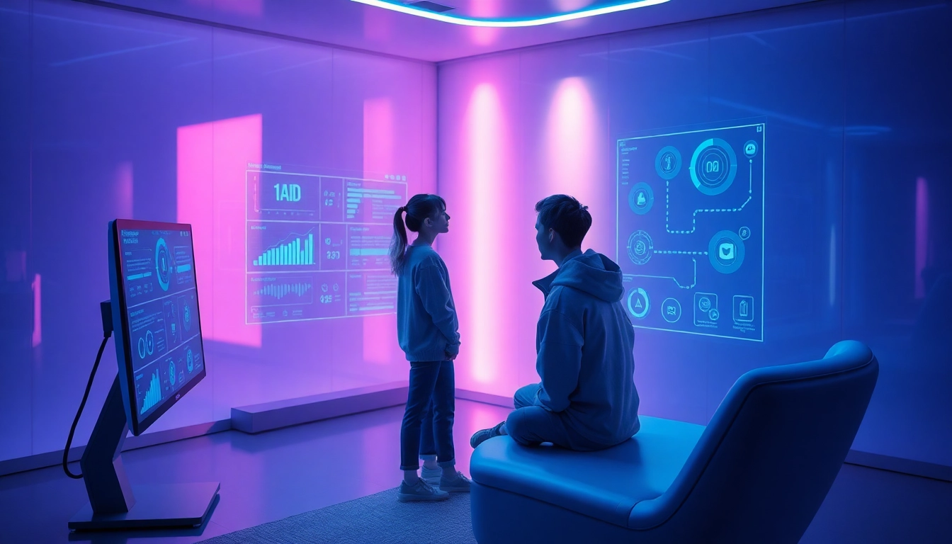 Explore the concept of sex AI through a digital interaction between a person and a futuristic AI interface in a soft ambient setting.