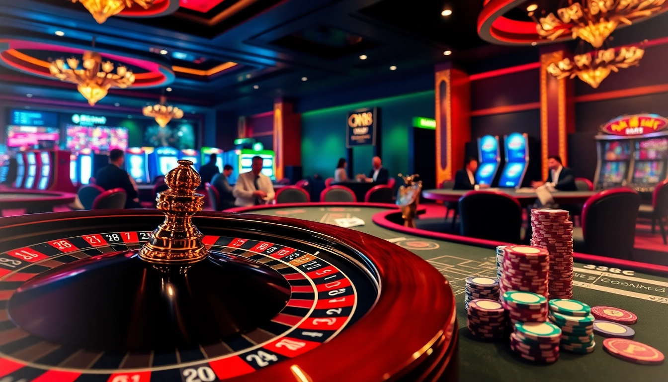 Experience the excitement at Trang Chủ BJ88 with a vibrant casino scene featuring roulette and poker.
