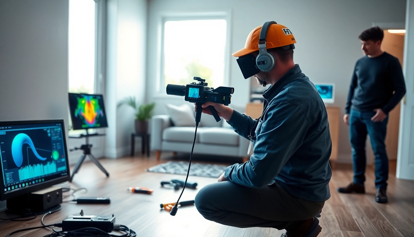 Water leak detection technician using advanced technology to identify leaks in a home setting.