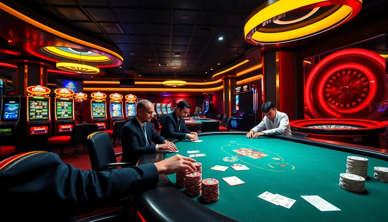 KJC poker players strategizing in a vibrant casino setting surrounded by slot machines.