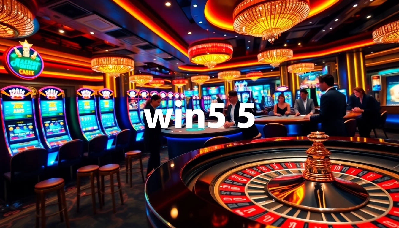 Experience thrilling gameplay at the win55 casino with vibrant slot machines and poker tables.