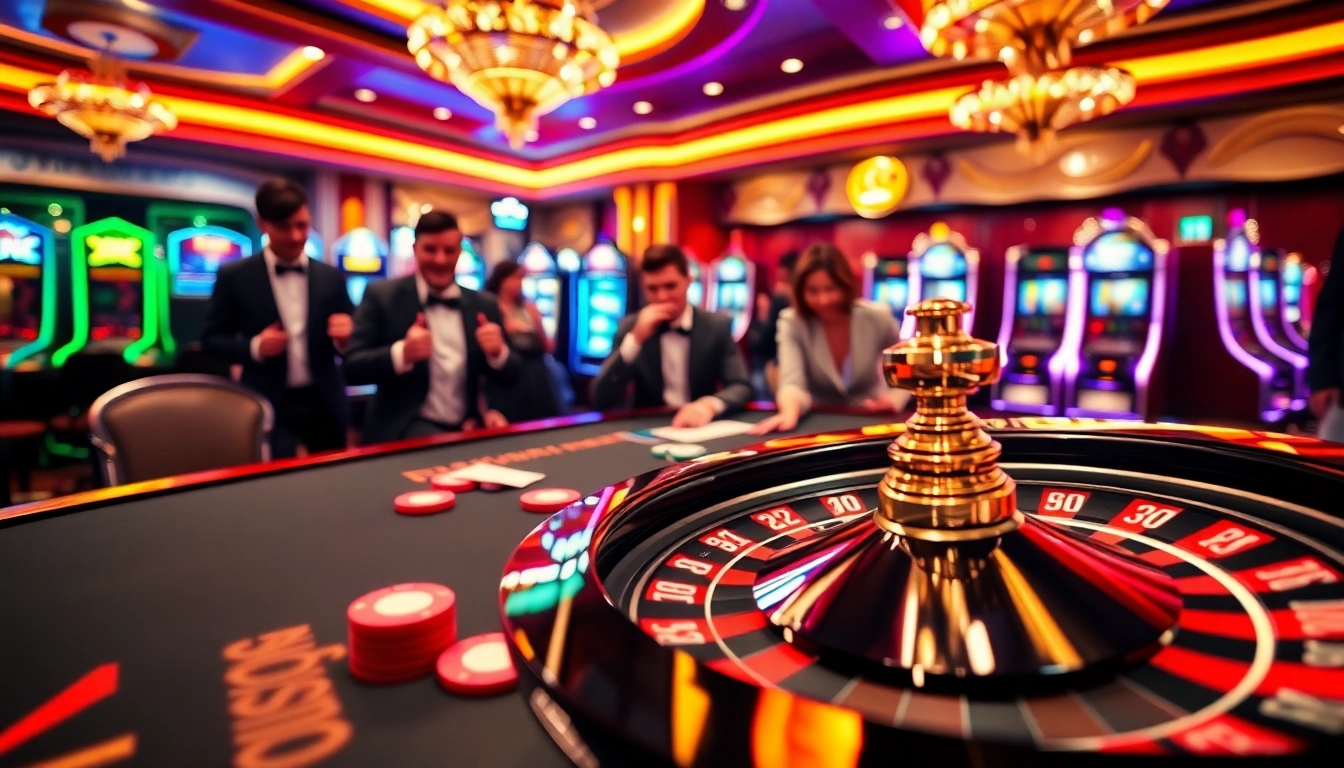 Experience thrilling poker action at Sunwin Casino, featuring elegant tables and bright roulette wheels.