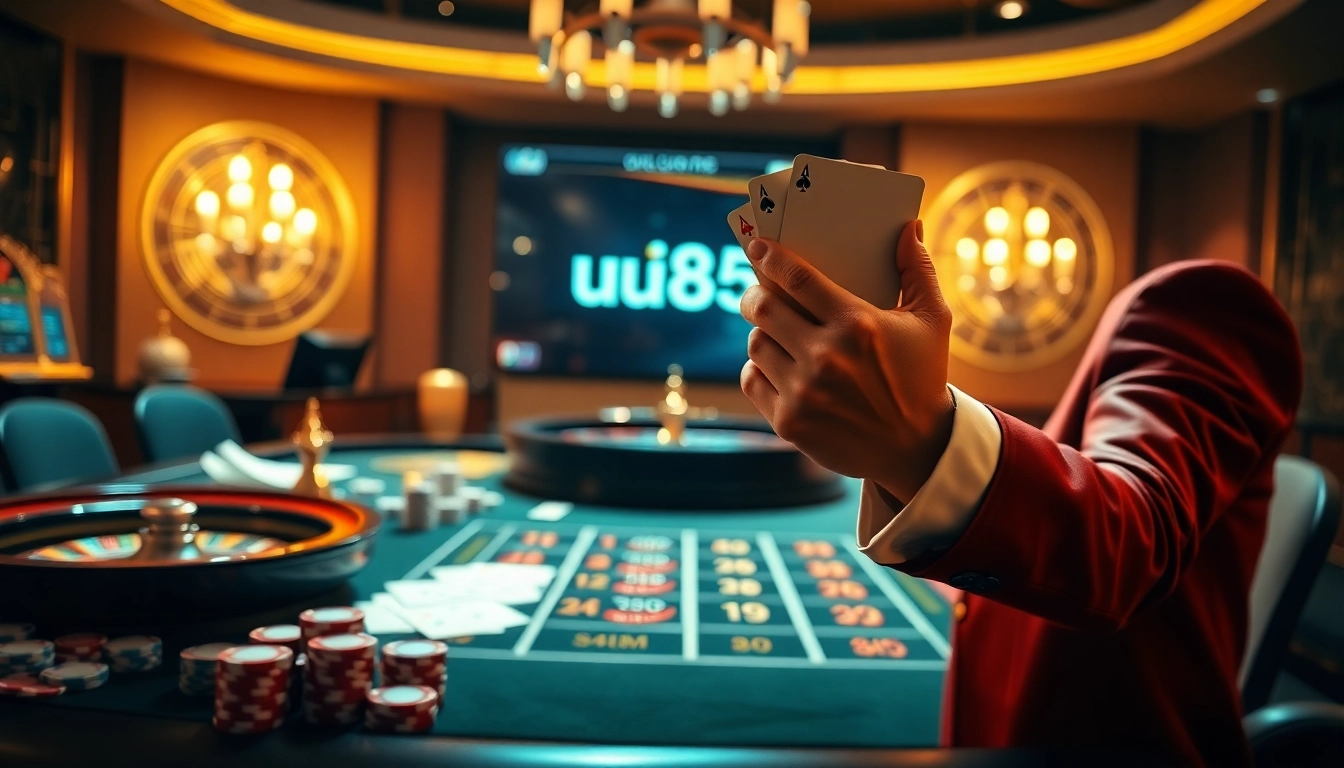 Feel the excitement of winning at uuu885 casino, featuring poker chips and roulette wheel.