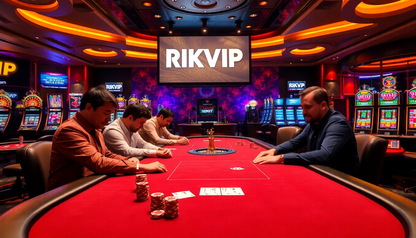 Experience high-stakes play at RIKVIP's elite casino, featuring poker tables and slot machines.