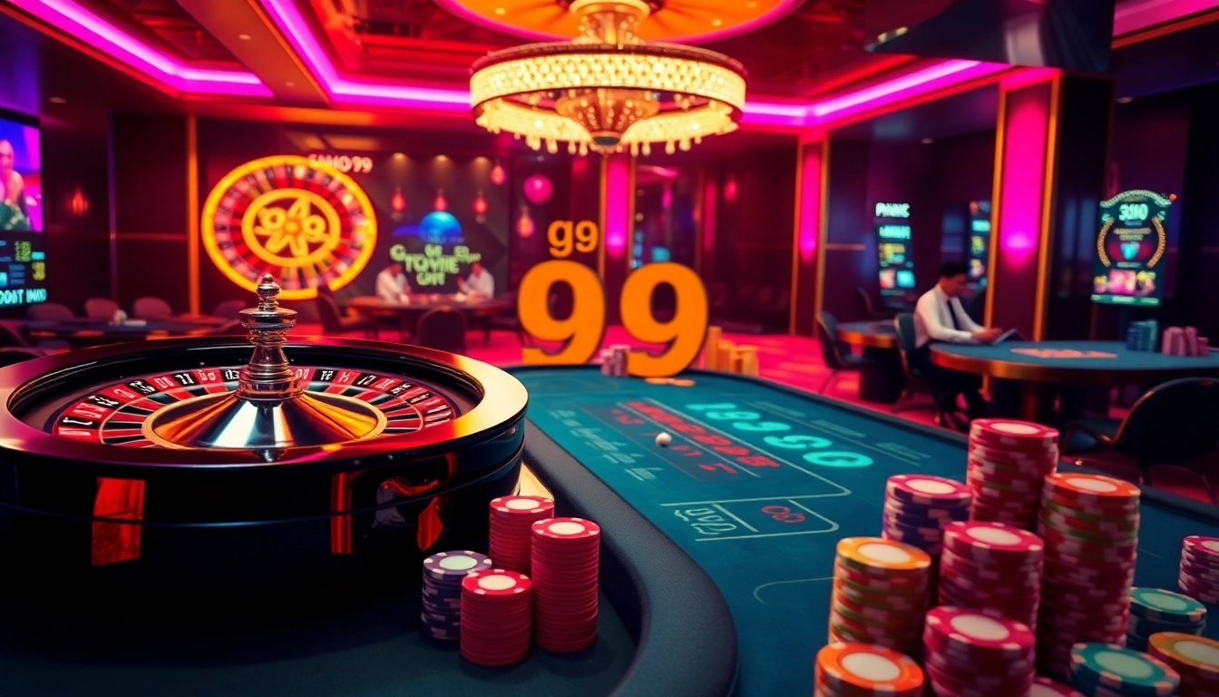 Experience the thrill of go 99 at a vibrant casino with roulette wheels and poker tables.