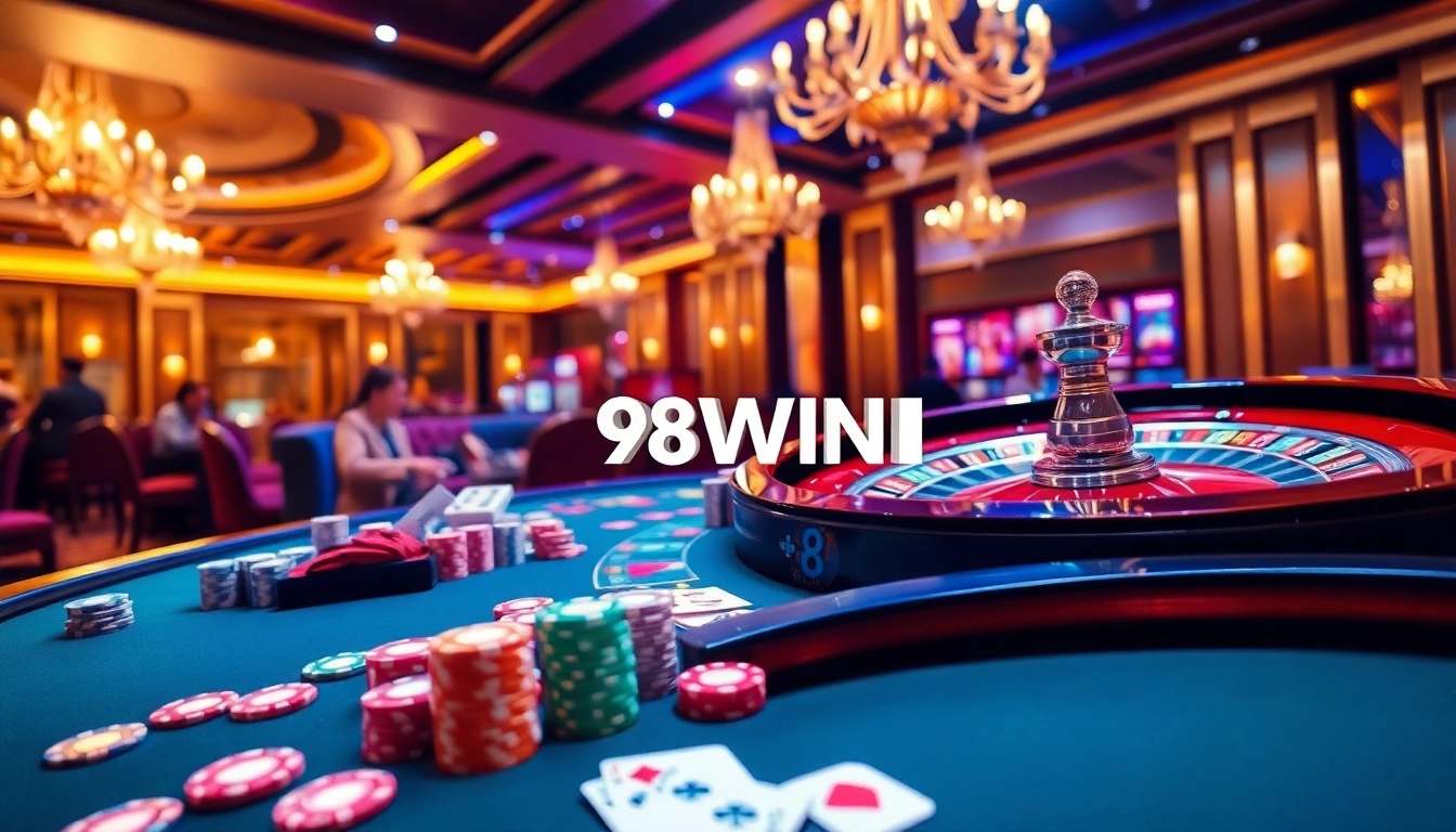 Experience a thrilling game at 98WIN casino tables with poker chips and playing cards.