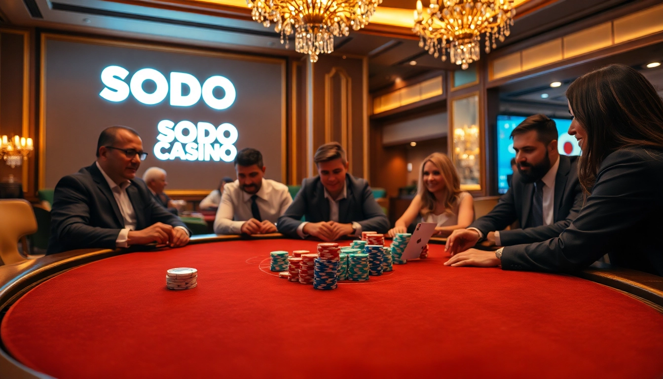 SODO Casino poker game highlighting vibrant chips and an engaging atmosphere in a luxurious setting.